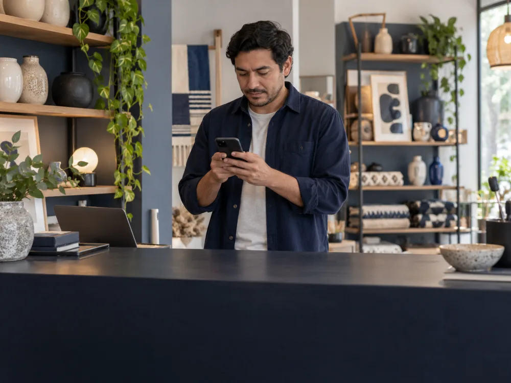 Escena ilustrativa de un comerciante atendiendo consultas desde su celular