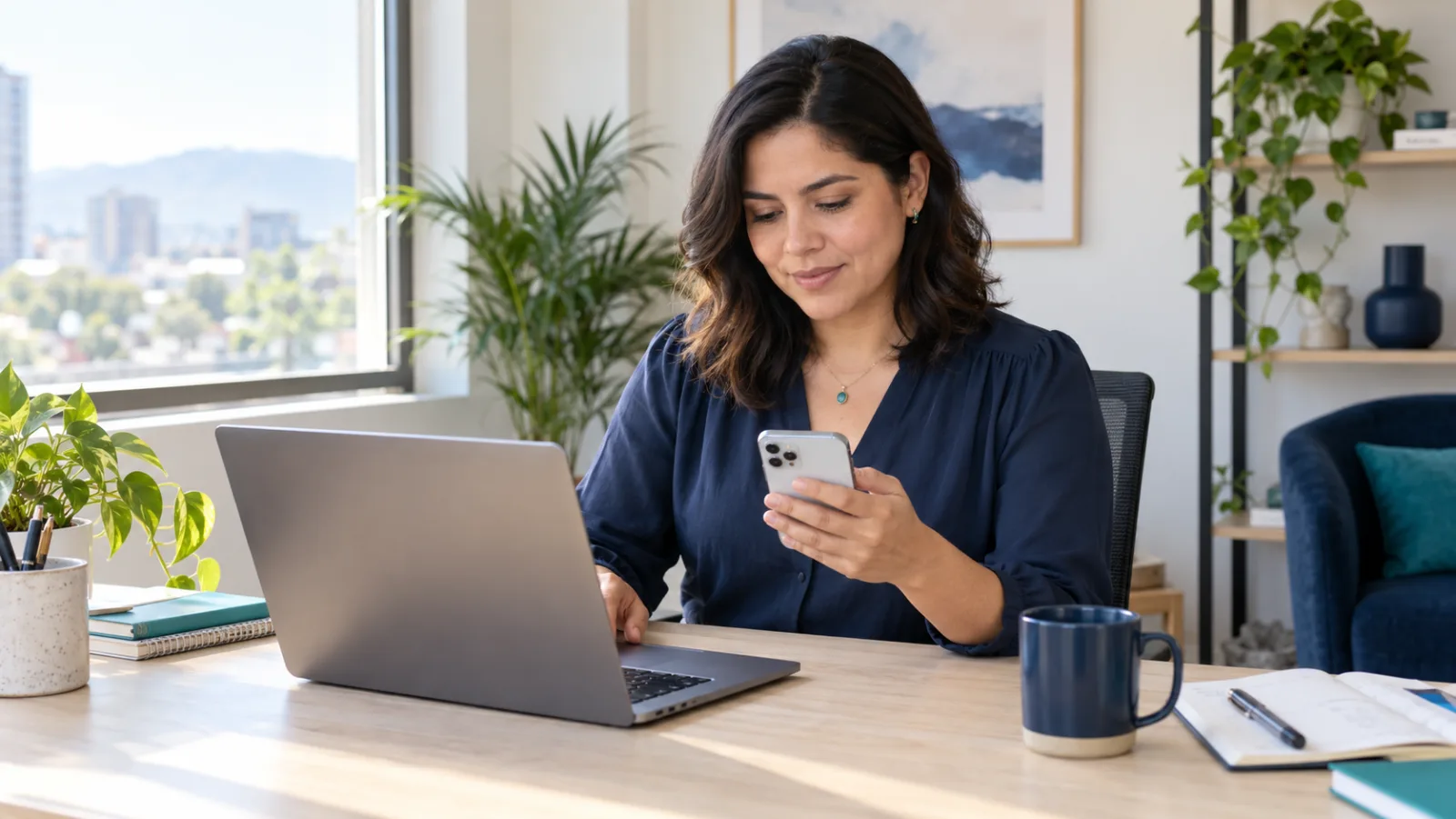 Escena ilustrativa de una empresaria gestionando conversaciones con su computador y celular